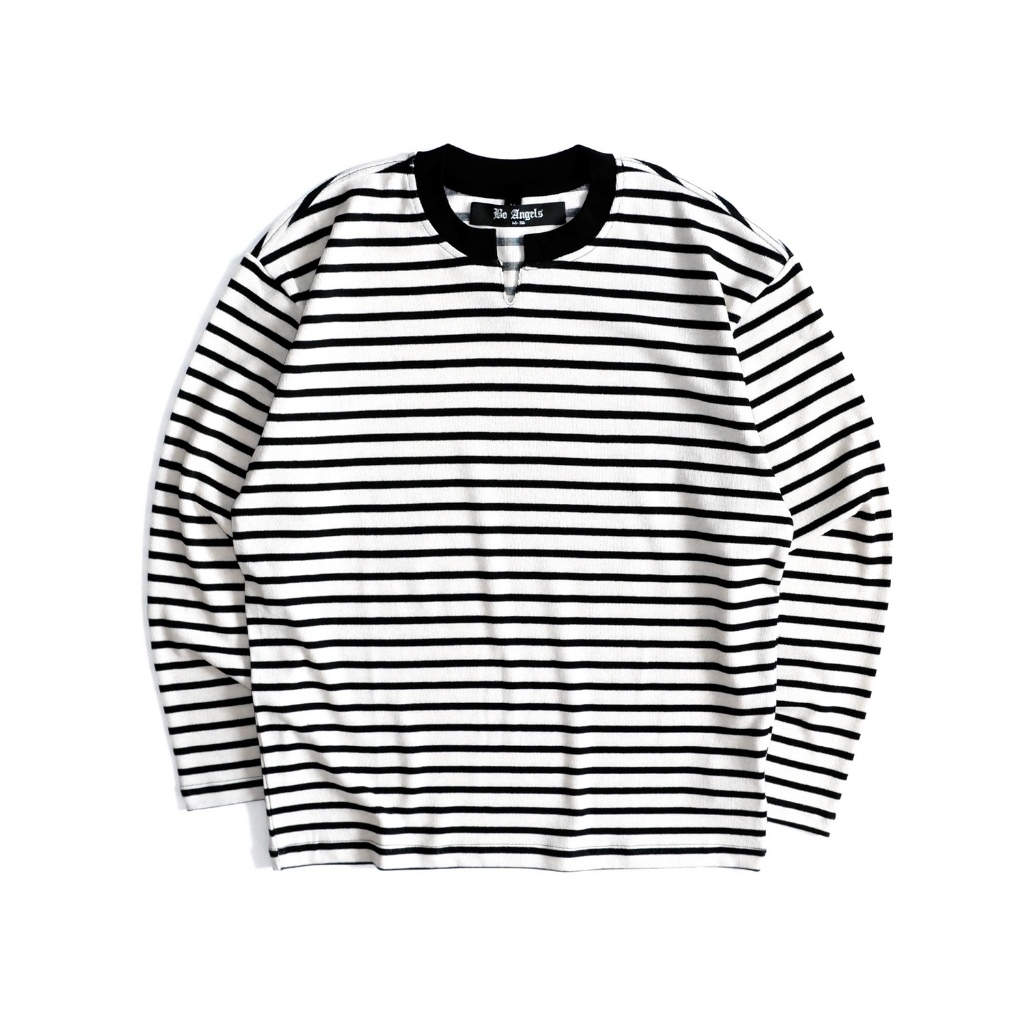 Áo Thun Dài Tay Vải Knit Kẻ Sọc Cổ Chữ V