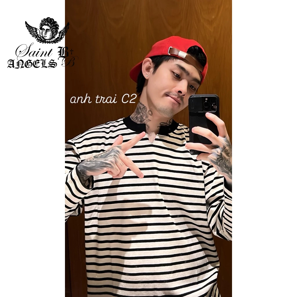 Áo Thun Dài Tay Vải Knit Kẻ Sọc Cổ Chữ V