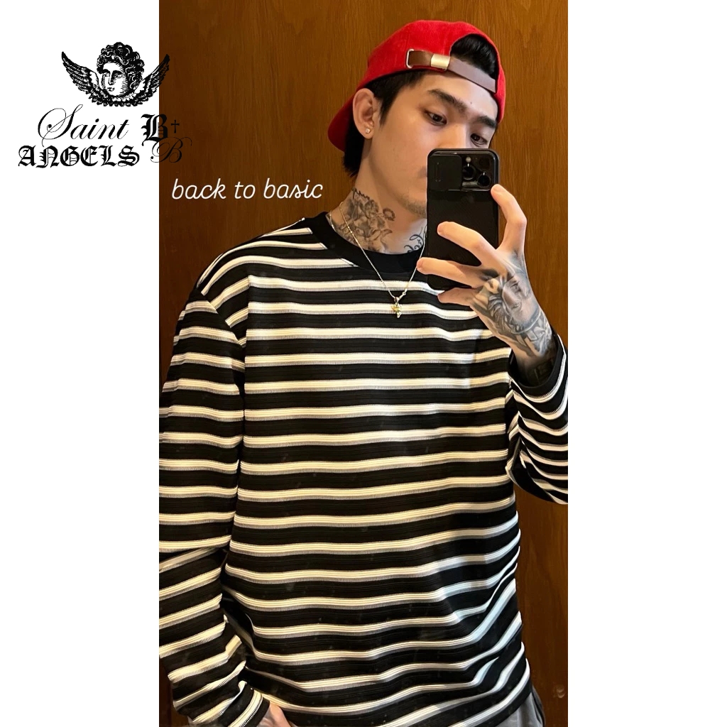 Áo Thun Dài Tay Vải Knit Kẻ Sọc Cổ Tròn