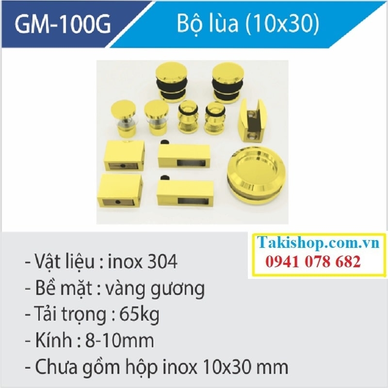 bộ phụ kiện mở lùa phòng tắm kính ray inox 10x30 màu vàng hãng Gymek