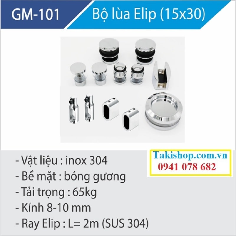 bộ phụ kiện phòng tắm kính mở lùa ray inox elip 15x30 màu trắng hãng Gymek