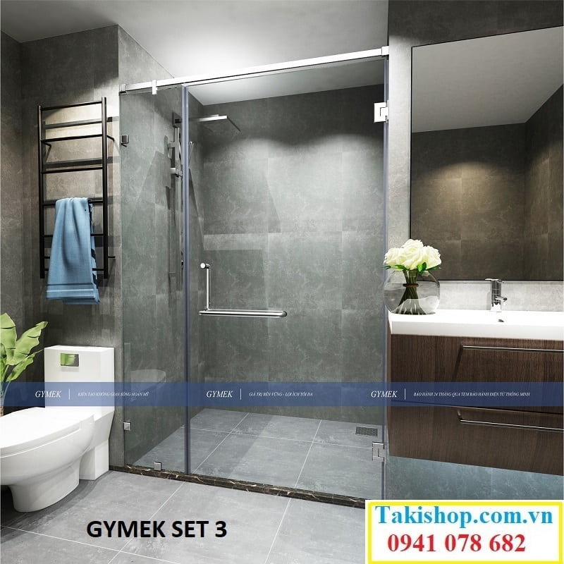 cabin tắm 90 độ kính tường giằng inox 10x30 gymek set 3