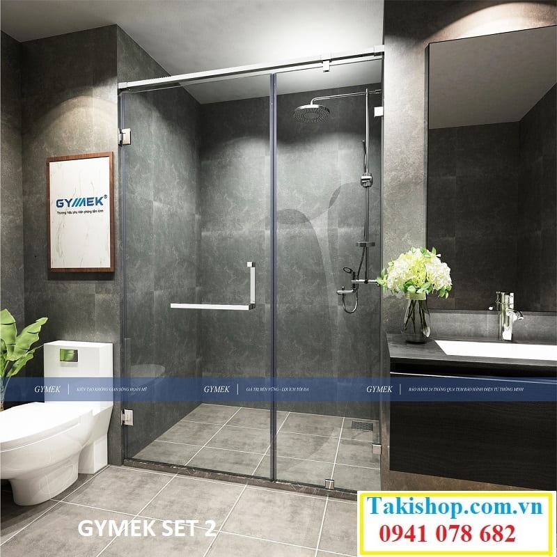 cabin tắm 90 độ kính tường giằng inox vuông 25x25 gymek set 2