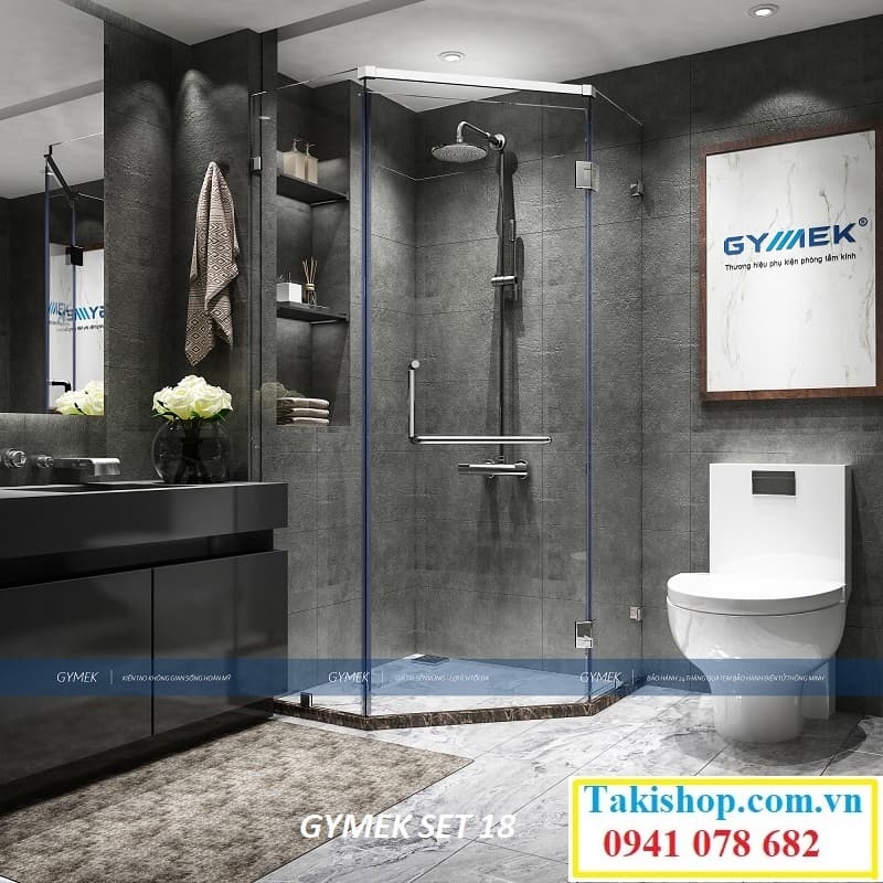 gymek phòng tắm kính 135 độ giằng 2 Fix bằng thanh inox 10x30