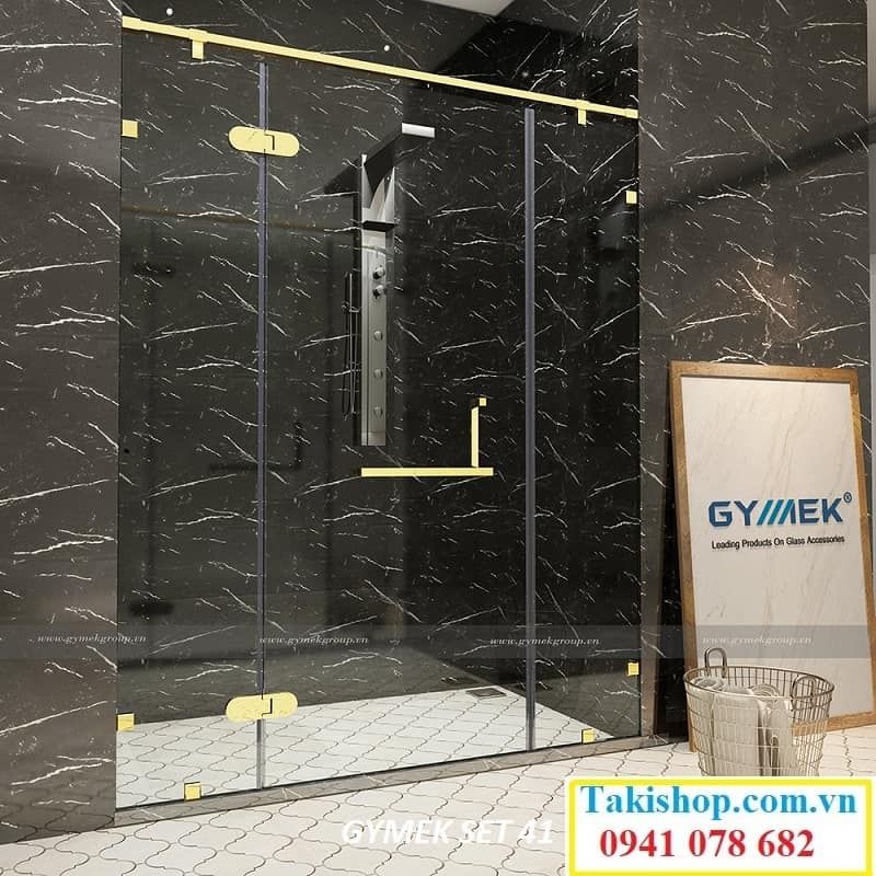 gymek phòng tắm kính 180 độ bản lề dài thanh giằng inox vuông 25x25 mạ pvd vàng set 41