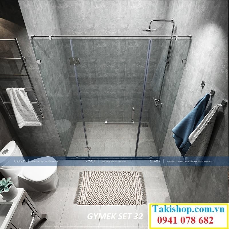 gymek phòng tắm kính 180 độ kính kính thanh giằng ống inox 10x30 con sỏ ngang set 32