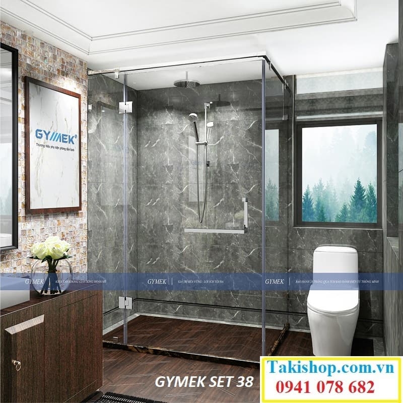 gymek phòng tắm kính 180 độ thanh giằng ống inox vuông 25x25 set 38