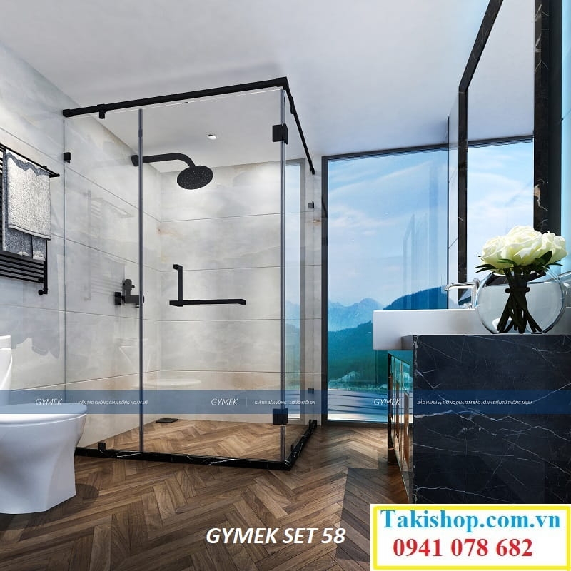 gymek phòng tắm kính 90 độ kính kính màu đen giằng inox vuông 25x25 set 58