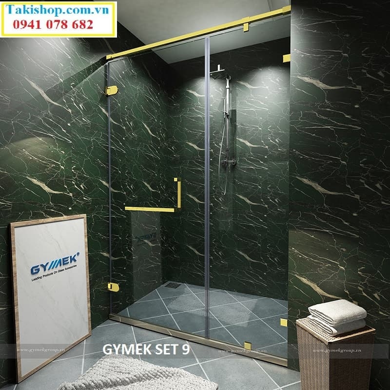 gymek phòng tắm kính 90 độ kính tường bản lề dài giằng inox vuông 25x25 mạ pvd vàng
