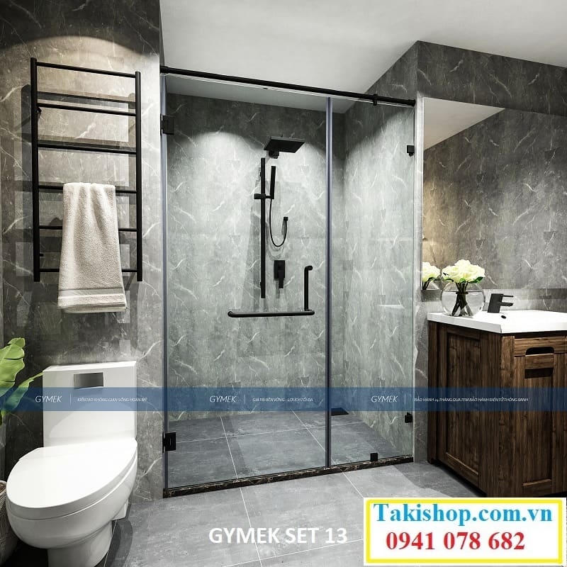 gymek phòng tắm kính 90 độ tường kính giằng tròn mạ màu đen Set 13