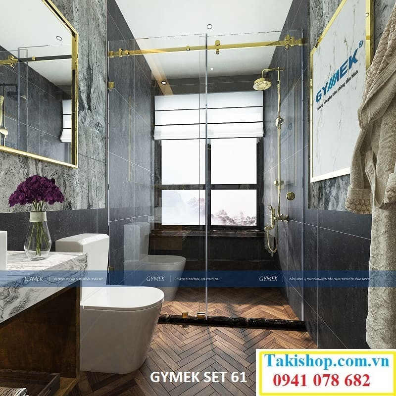 gymek phòng tắm kính mở lùa mạ pvd inox vàng gương thanh ray trượt 10x30 set 61