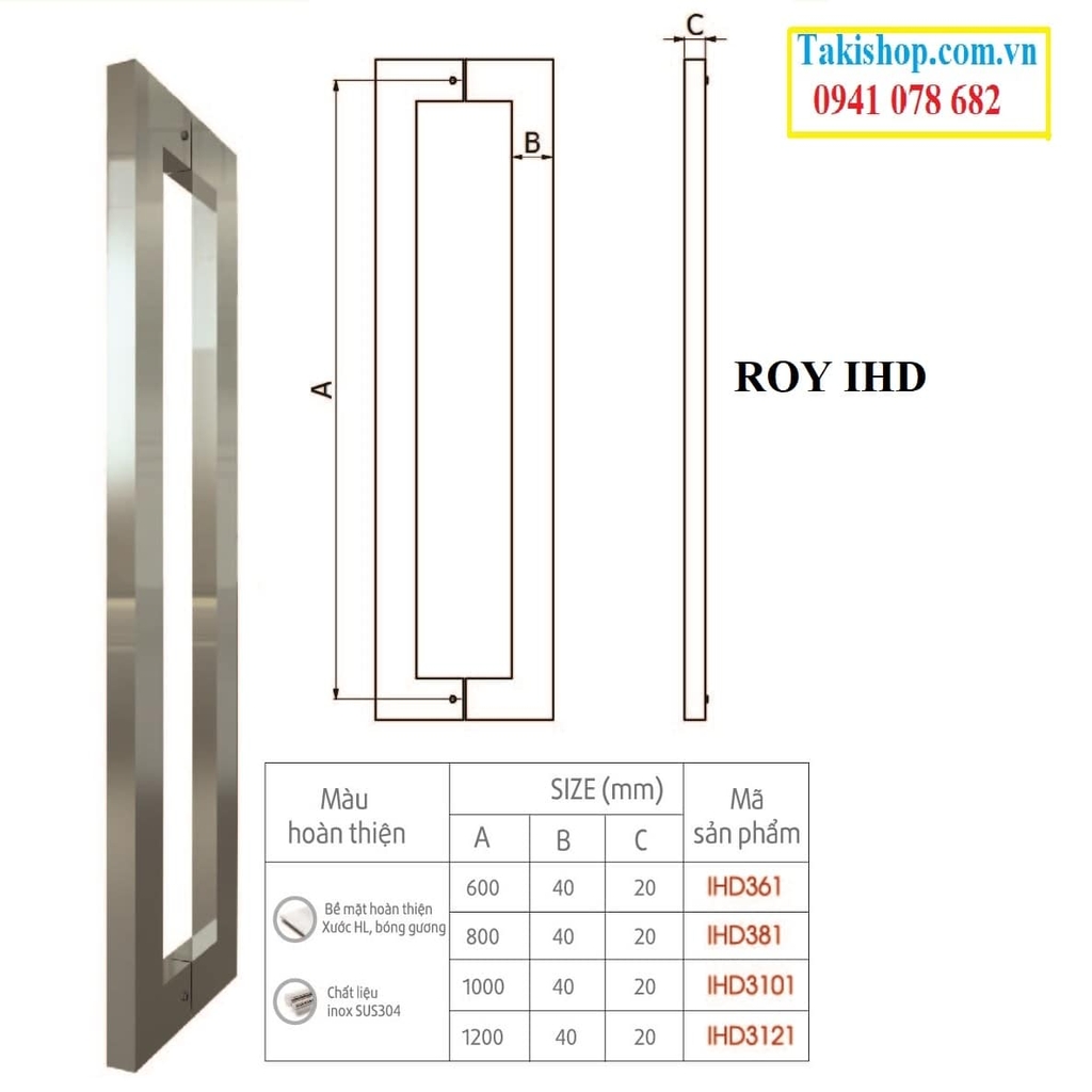 tay nắm roy ihd hộp 20x40 xước mờ