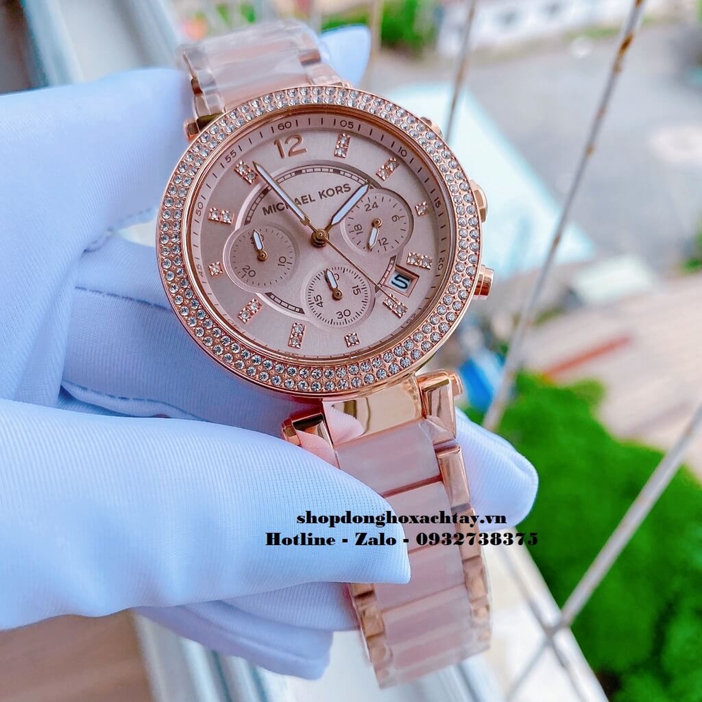 Đồng Hồ Nữ Michael Kors MK5896 Mặt Hồng 6Kim Viền Đá Vỏ Vàng Hồng 39mm ...