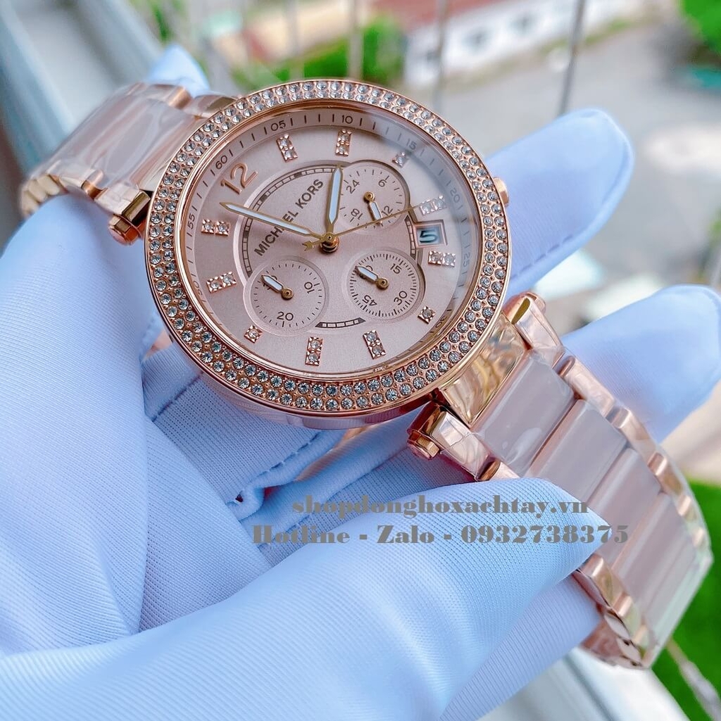 Đồng Hồ Nữ Michael Kors MK5896 Mặt Hồng 6Kim Viền Đá Vỏ Vàng Hồng 39mm ...