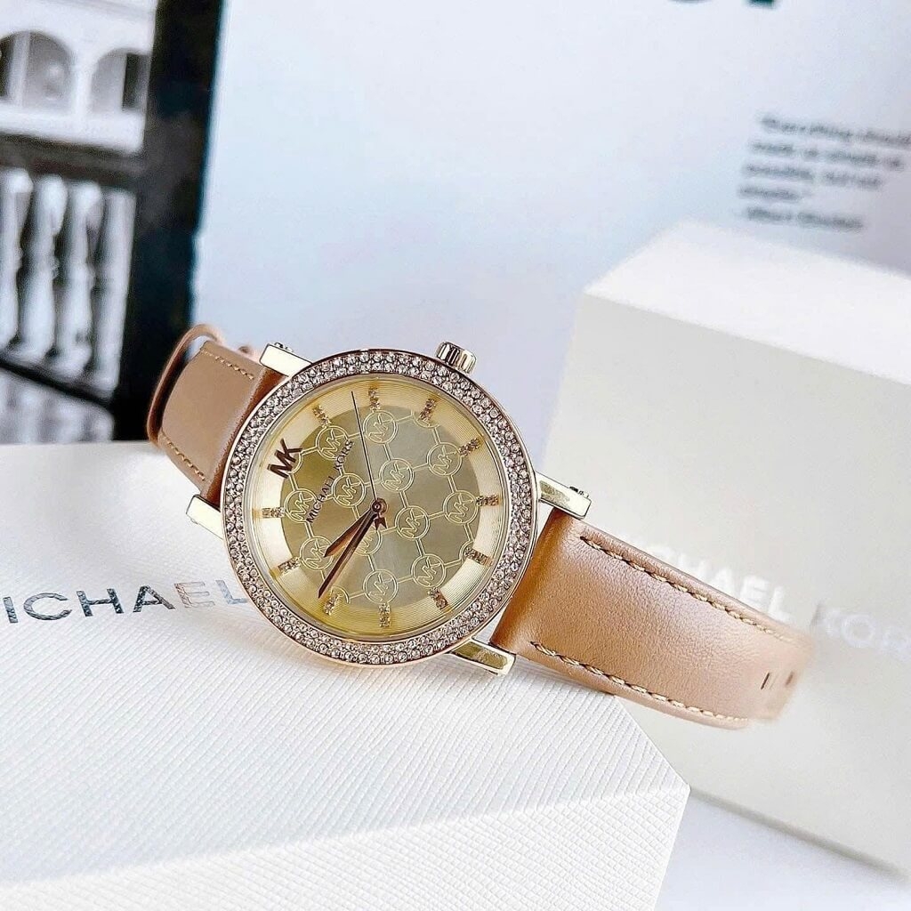 Đồng Hồ Nữ Michael Kors MK2986 Dây Da Nâu Mặt Vàng Đính Đá 38mm Shop ...