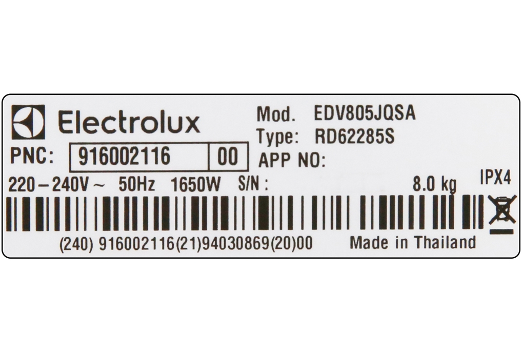 Máy sấy thông hơi Electrolux 8 Kg EDV805JQSA