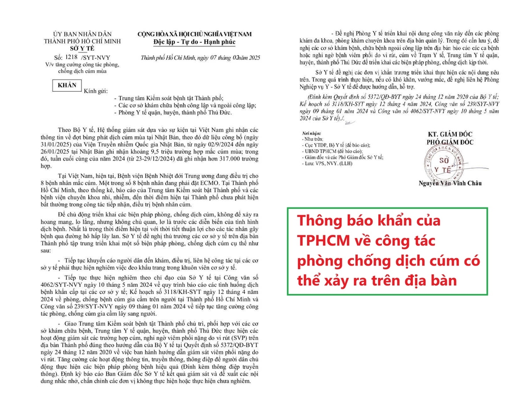 Thông báo khẩn của TPHCM về phòng chống dịch cúm trên địa bàn