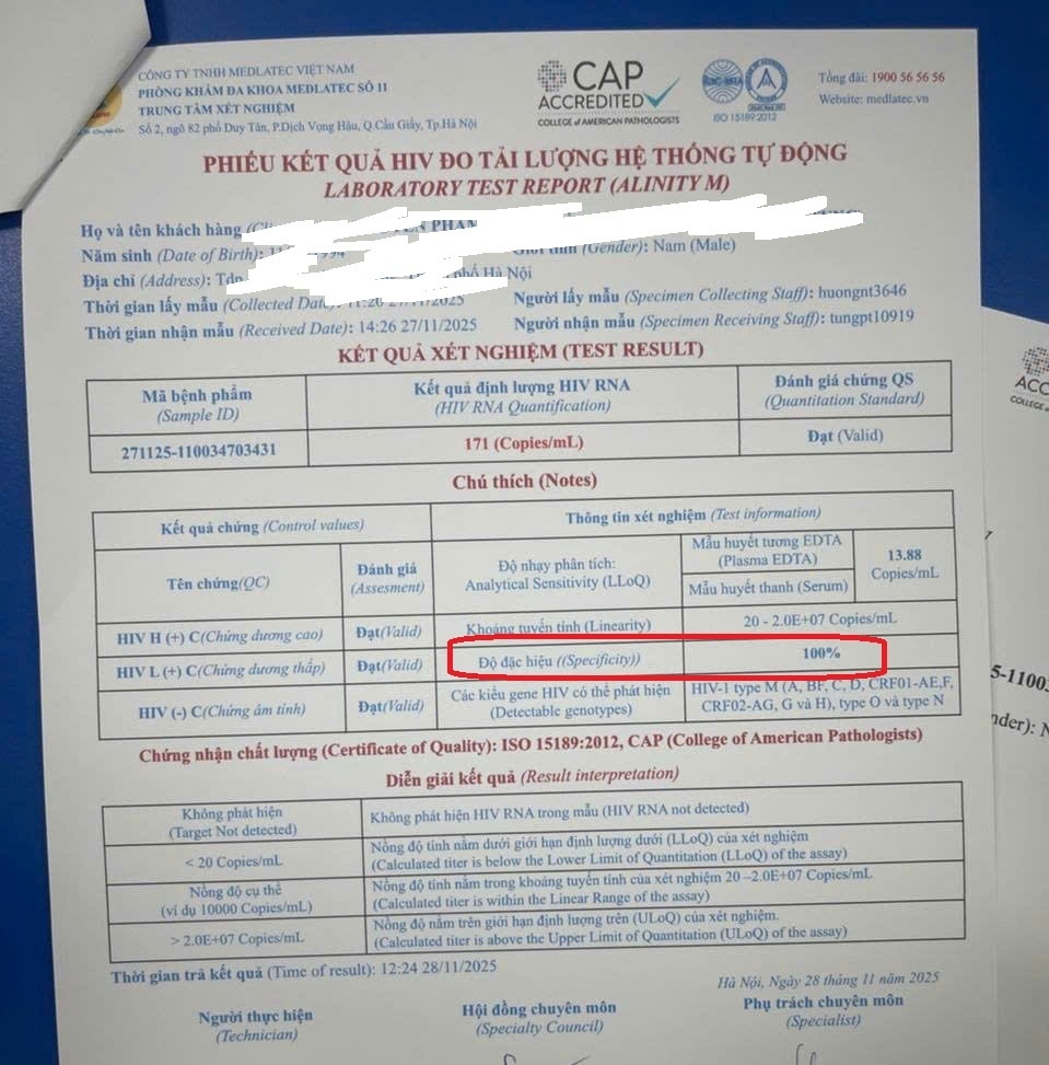Xét nghiệm HIV-RNA có độ đặc hiệu 100% là sao?