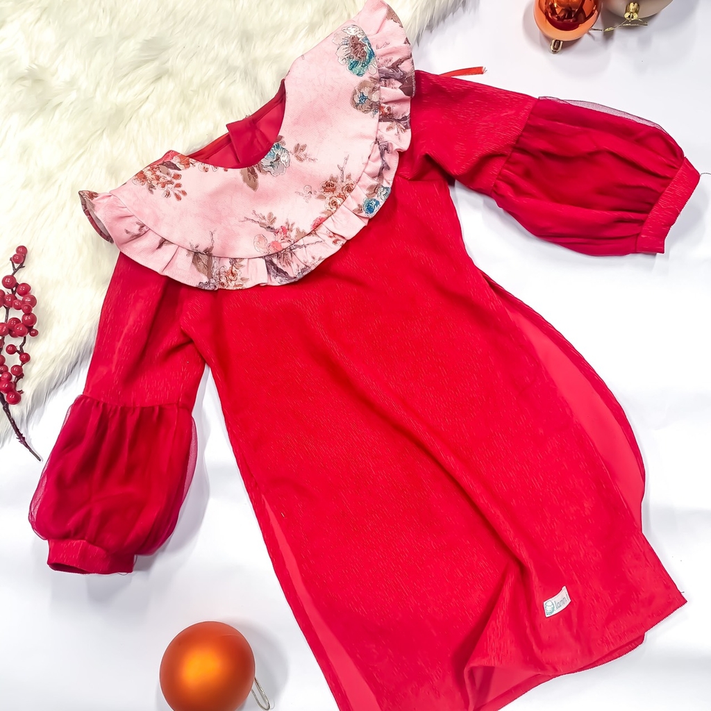 Set áo dài nhung tăm đỏ cổ rời họa tiết hoa hồng baby kèm chân váy voan  Lamm - Con là điều ngọt ngào nhất!