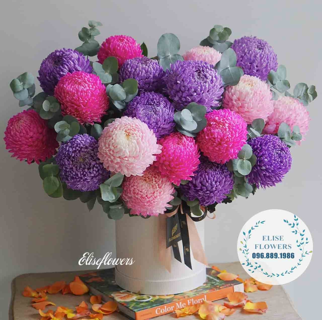 Hộp hoa cúc mẫu đơn tím hồng sang chảnh |Hộp hoa tươi nhập khẩu Hà Nội