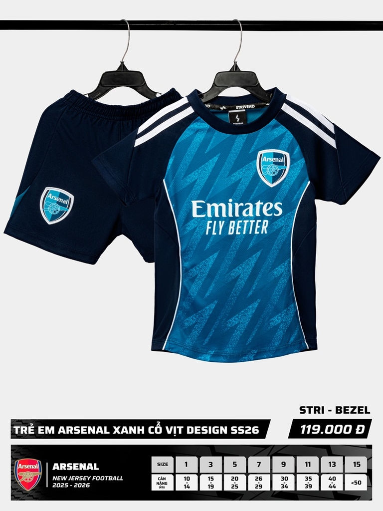 Quần áo bóng đá trẻ em Arsenal 2025/26 [Strivend]