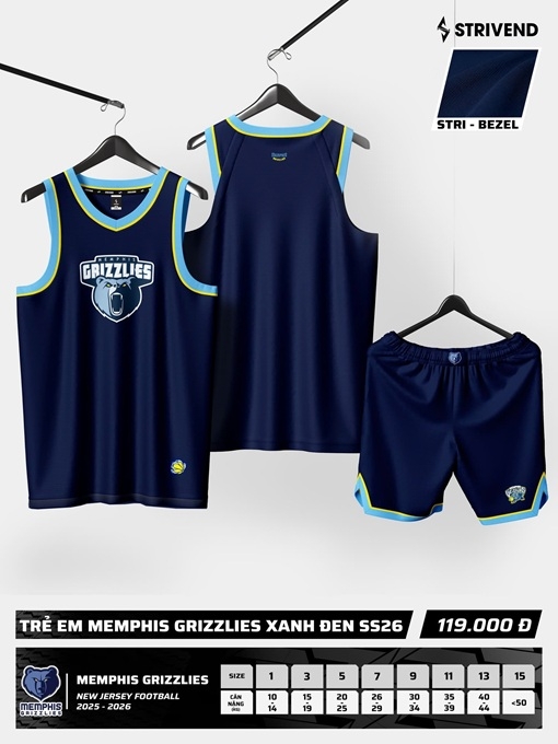 Quần áo bóng rổ trẻ em Strivend MEMPHIS GRIZZLIES SS25