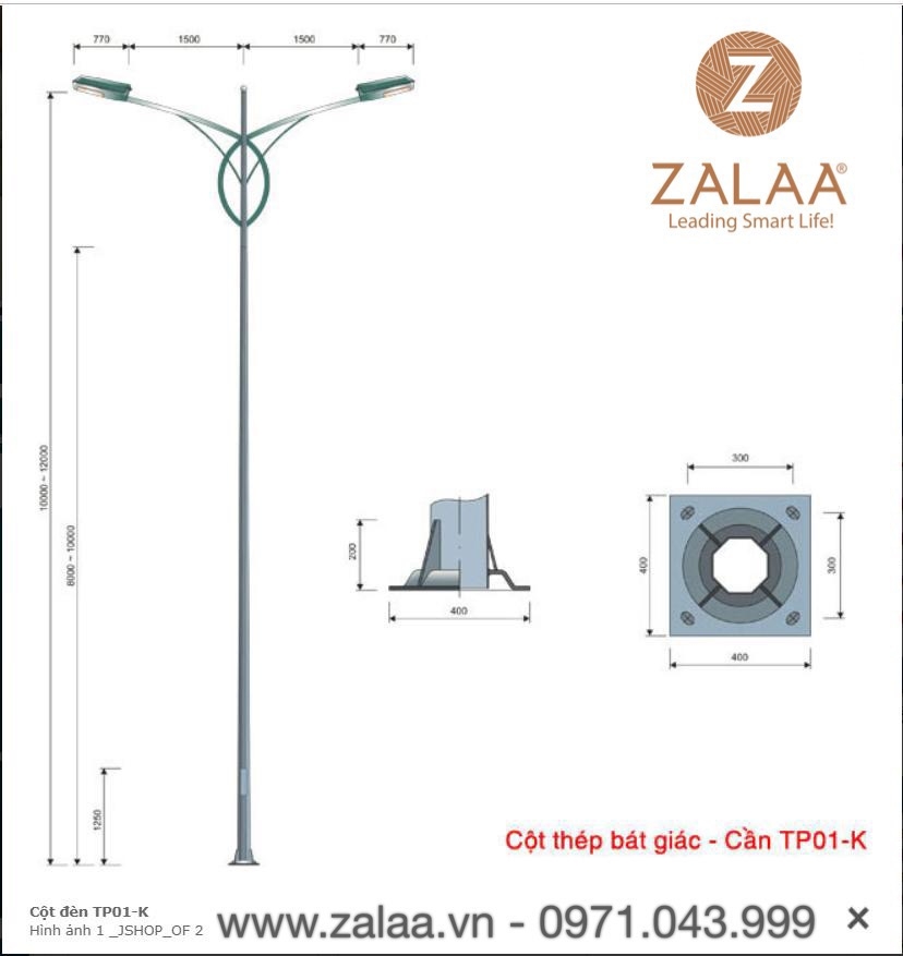 Cột đèn bát giác, cần kép, mã số ZTP01-K (chiều cao 6m-13m)