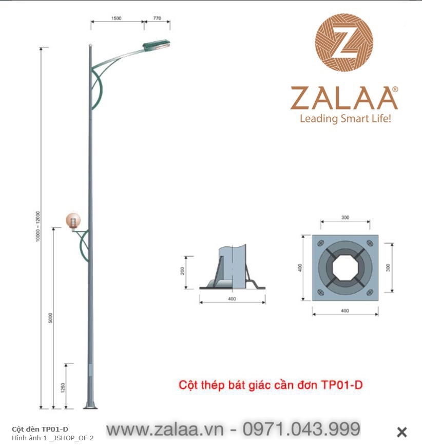 Cột đèn bát giác cần đơn mã số ZTP01-D (chiều cao 6-13 m)