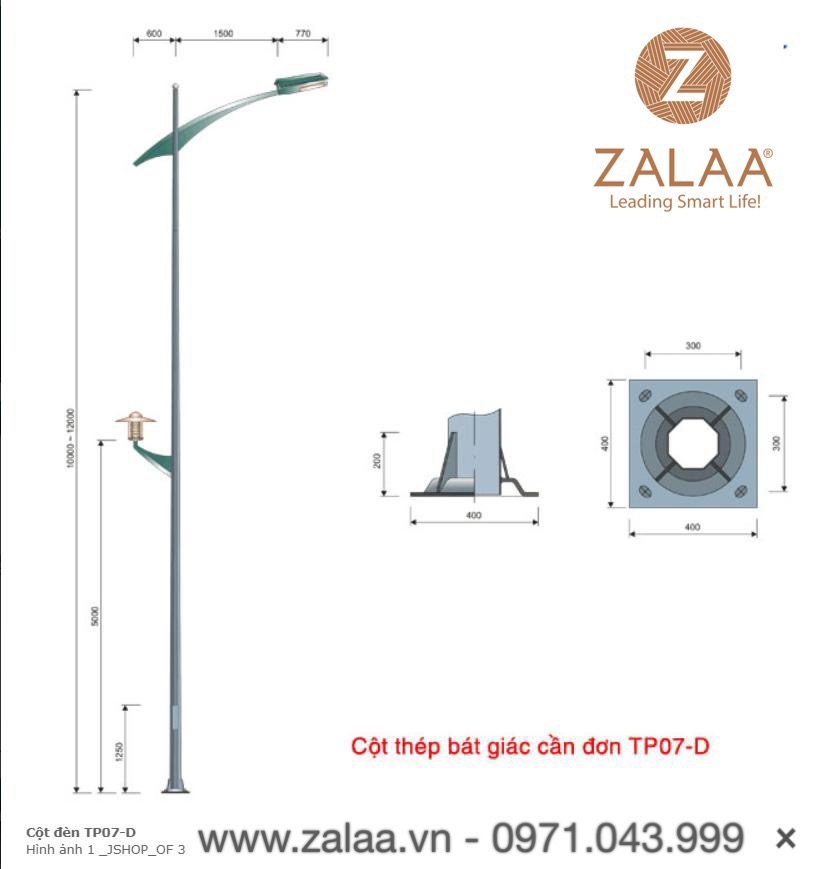 Cột đèn bát giác cần đơn mã số  ZTP07-D chiều cao 6m-12m