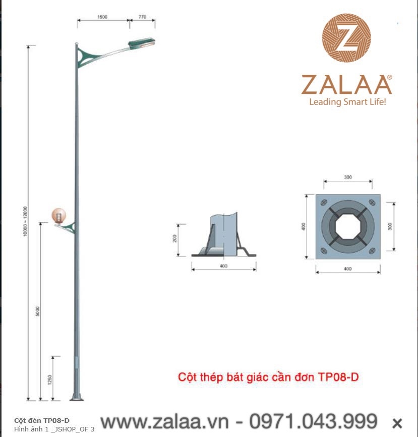 Cột đèn bát giác cần đơn mã số ZTP08-D chiều cao 6m - 12m