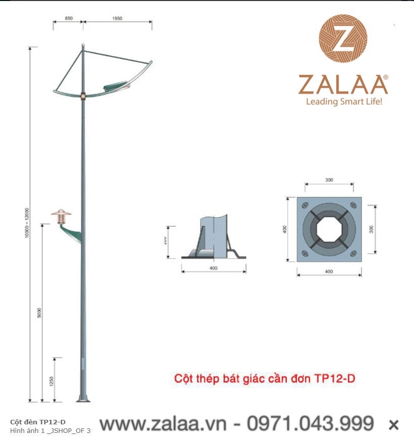 Cột đèn bát giác cần đơn mã số ZTP12-D chiều cao 6m - 12m
