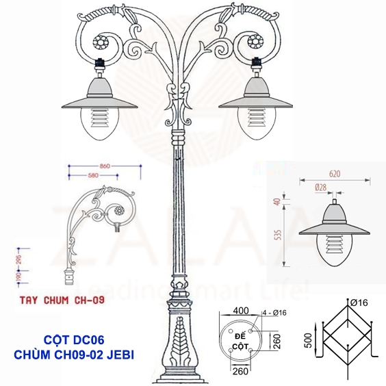 Cột đèn trang trí khuôn viên sân vườn, biệt thự cao 4.5m mẫu DC06 tay đèn hoa văn 2 nhánh HD09 chùm CH09-2, mã số ZCV-3303 zalaa