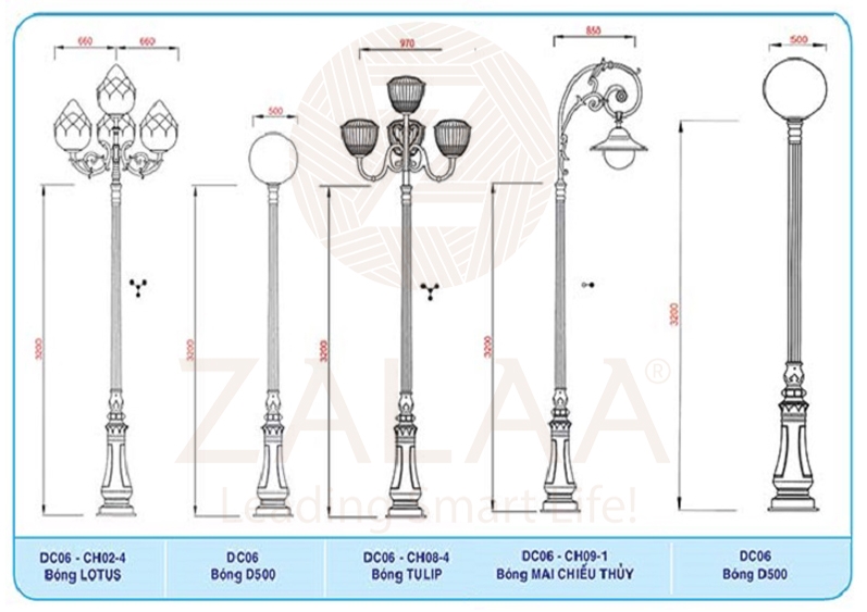 Cột đèn led trang trí sân vườn Banian DC07, chùm CH08-4 Tulips chiều cao 3-5m, mã số ZCV-3303 Zalaa