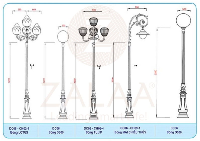 Cột đèn led trang trí sân vườn DC06 chùm chùa, CH06-4, CH09-1, CH02-5, chiều cao 3.2m, mã số ZCV-3314 Zalaa