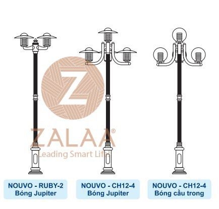 Cột đèn led trang trí sân vườn Nouvo tay chùm CH12-04, Ruby-2 cầu D400 chiều cao 3-5m, mã số ZCV-3309 Zalaa