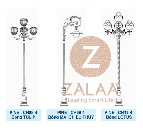 Cột đèn led trang trí sân vườn Pine tay CH04-5 chùm Tulips, chiều cao 3-5m, mã số ZCV-3311 Zalaa