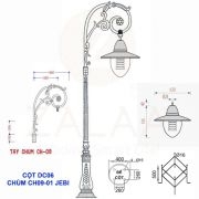 Cột đèn trang trí khuôn viên sân vườn, biệt thự cao 4.5m mẫu DC06 tay đèn hoa văn 1 nhánh HD09 chùm CH09-1, mã số ZCV-3303 zalaa