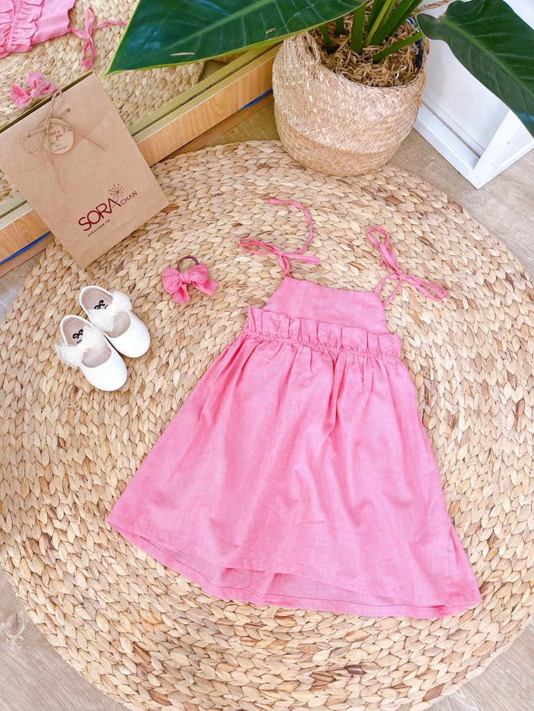 Váy tập múa 2 dây cotton phối voan màu hồng Memoti Shop