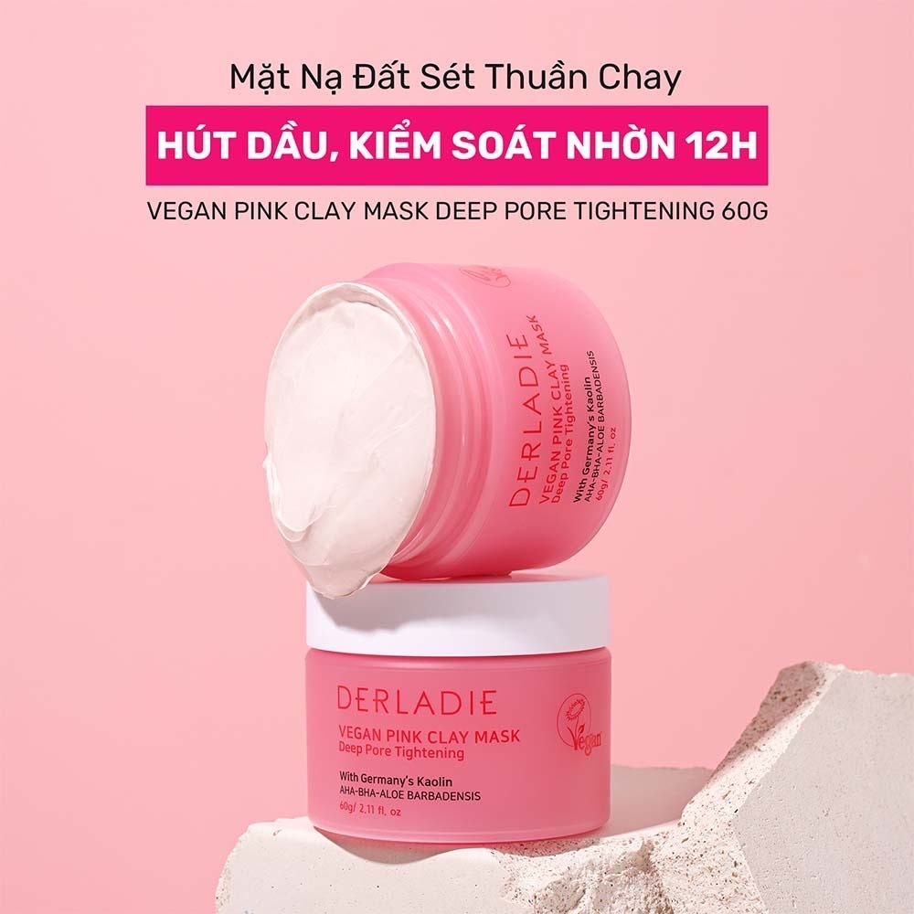 Mặt Nạ Đất Sét Hút Dầu Kiểm Soát Nhờn 12H Derladie Vegan Pink Clay Mask  Deep Pore Tightening 60g