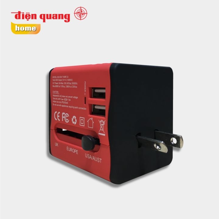Ổ cắm du lịch 2 cổng USB Điện Quang (ESK TV06R 2U) màu đỏ