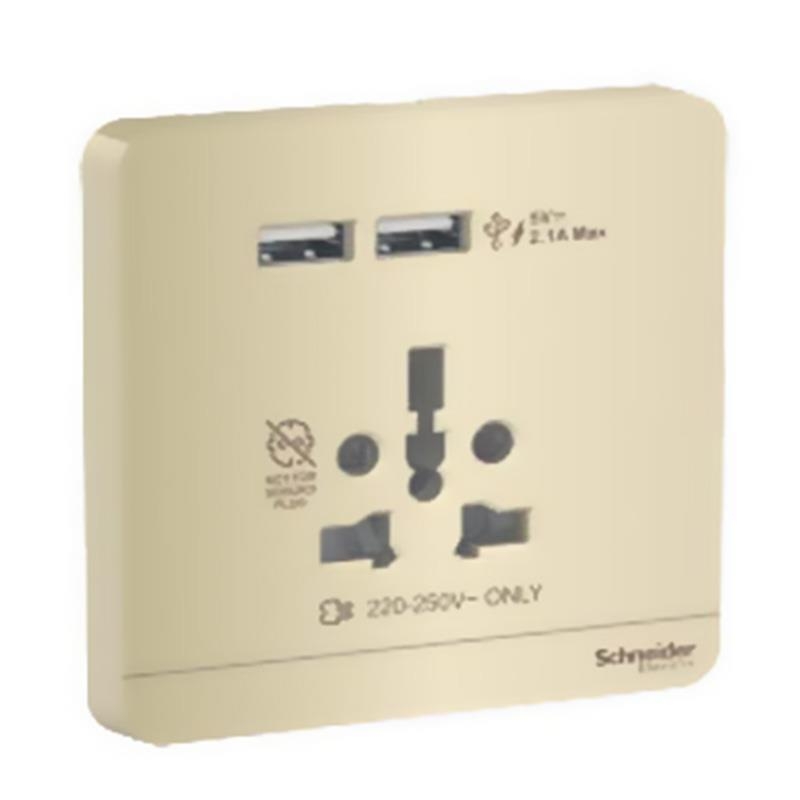 Bộ ổ cắm đa năng và sạc USB đôi màu vàng ánh kim AvatarOn - Schneider (E8342616USB_WG_G19)