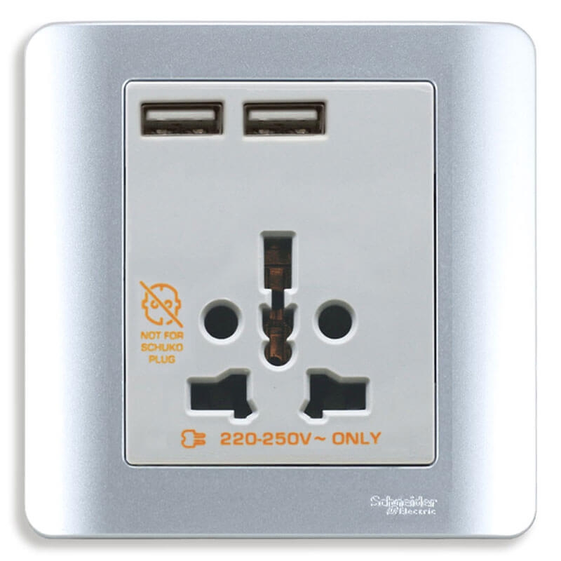 Bộ ổ cắm đa năng và sạc USB đôi màu xám Zencelo - Schneider (E8442616USB_SA_G19)