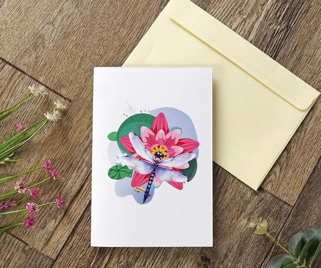 Thiệp 3D hoa sen và chuồn chuồn