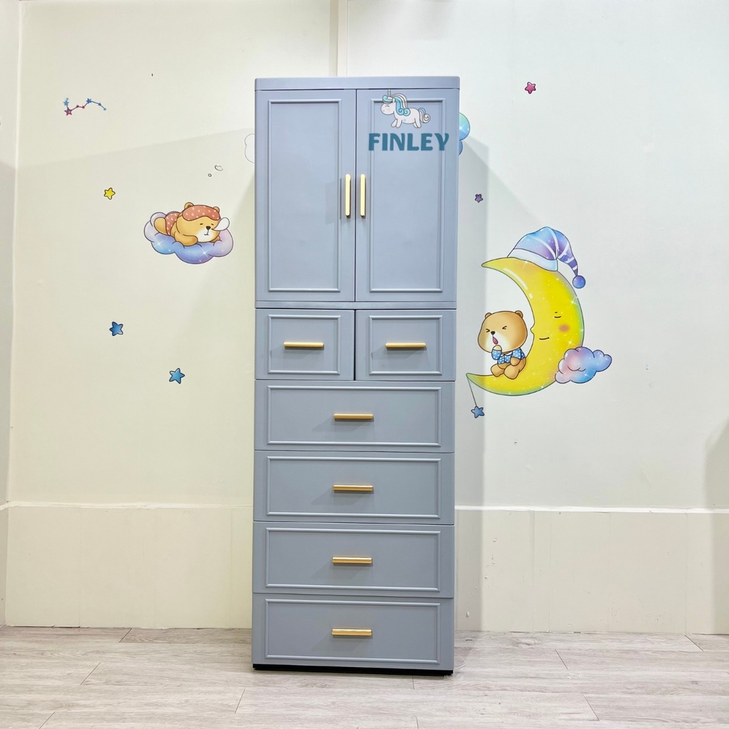 Tủ nhựa cho bé và người lớn 5 - 6 tầng FINLEY Lux tay nắm vàng đồng treo quần áo, đựng đồ dùng, đồ chơi màu xám (Size ngang 60cm) - FL-0014