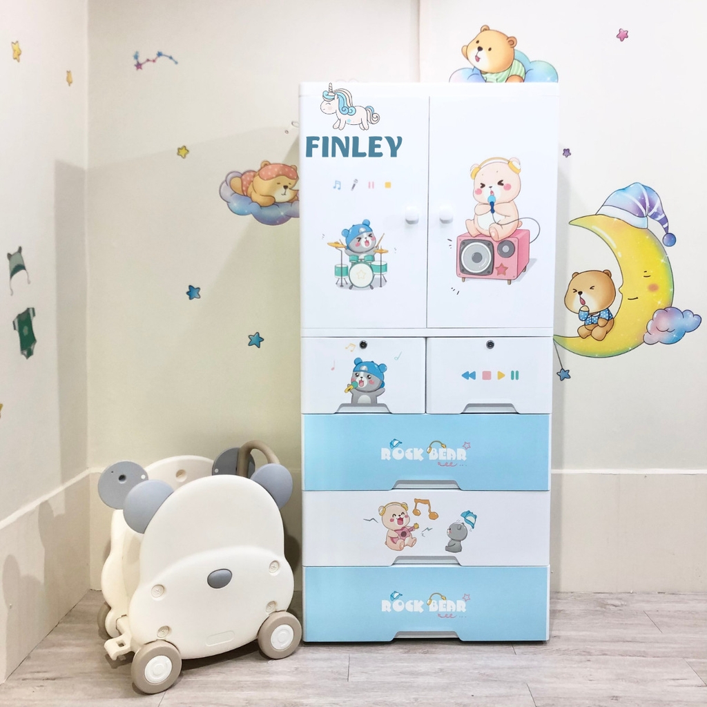 Tủ nhựa cho bé 5 - 6 - 7 tầng FINLEY gấu nâu Brown Rock Bear (Size lớn ngang 70 cm) treo quần áo, đựng đồ chơi, đồ dùng cho gia đình màu xanh nhạt - FL-0059