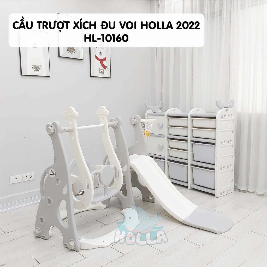 Cầu trượt - xích đu - cột bóng rổ voi con cho bé CAYABE Holla màu xám trắng