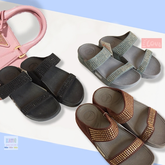 Dép kiểu nữ Feetlove cao cấp cao 3 cm - Quai ngang màu nâu đính đá