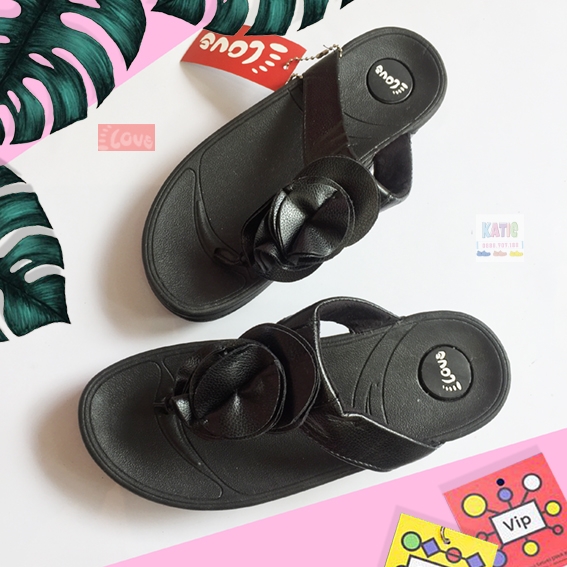 Dép kiểu nữ Feetlove cao cấp cao 3 cm - Dép kẹp đen đính bông