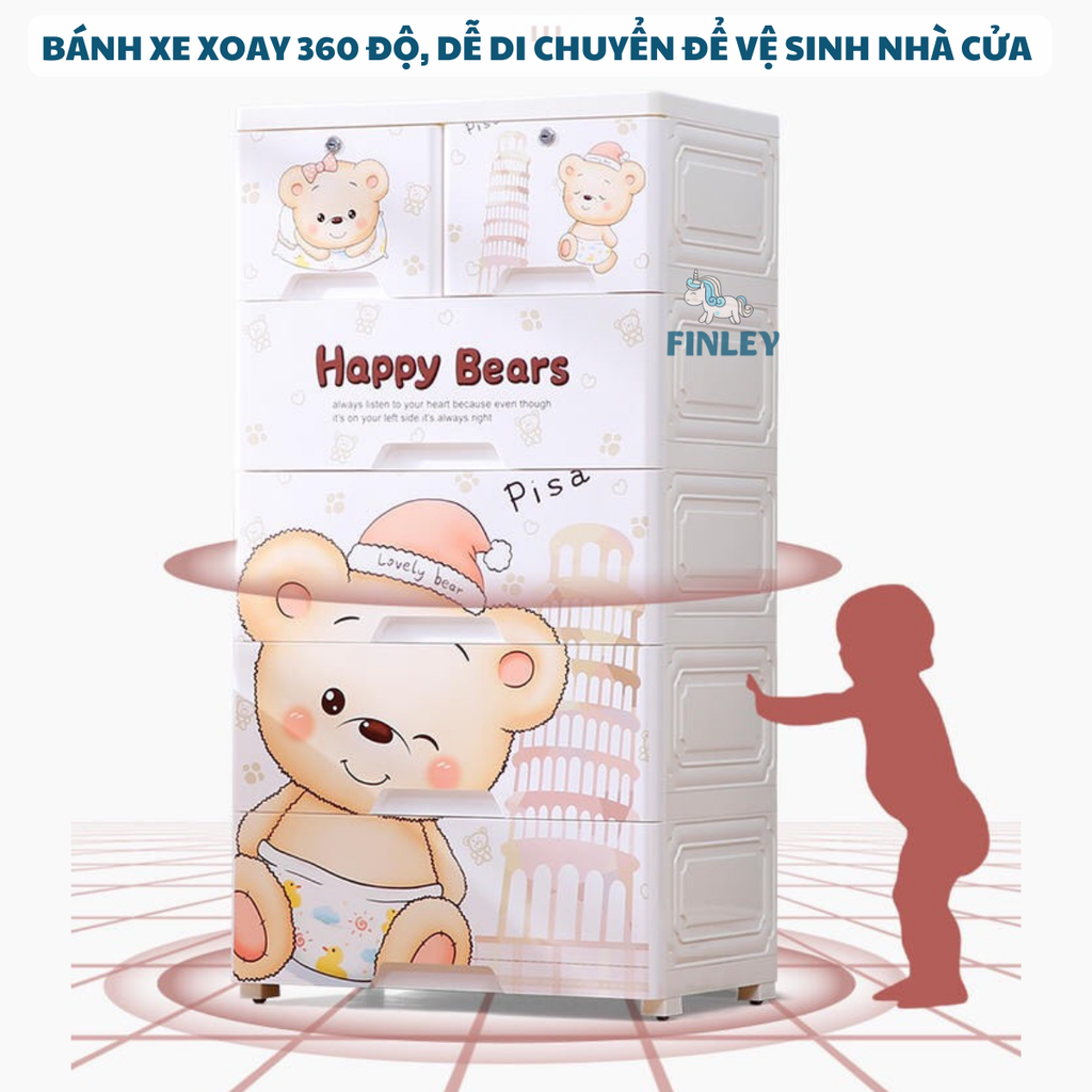 Tủ nhựa cho bé và người lớn ngăn kéo 5 tầng FINLEY gấu con Teddy Bear (SIZE NGANG 50CM) đựng quần áo, đồ chơi, đồ dùng gia đình - FL-0060-5T-G