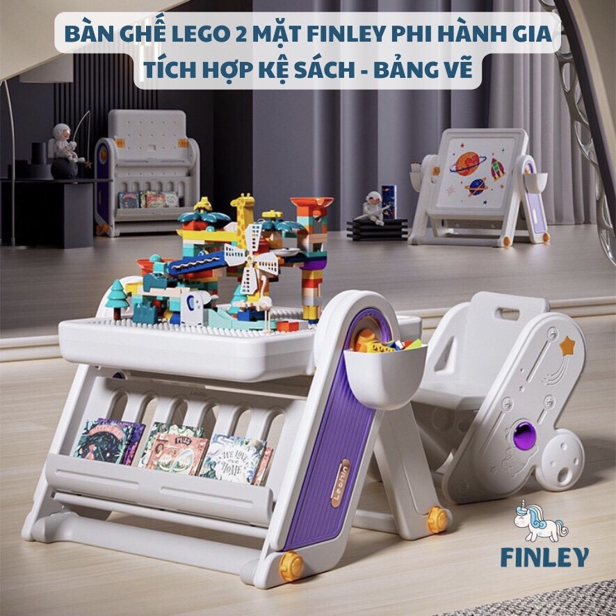 Bộ bàn ghế nhựa - bảng vẽ cho bé 2 mặt FINLEY phi hành gia 5 in 1 cho bé ngồi học, vẽ, ăn và chơi Lego màu trắng - FL-0044